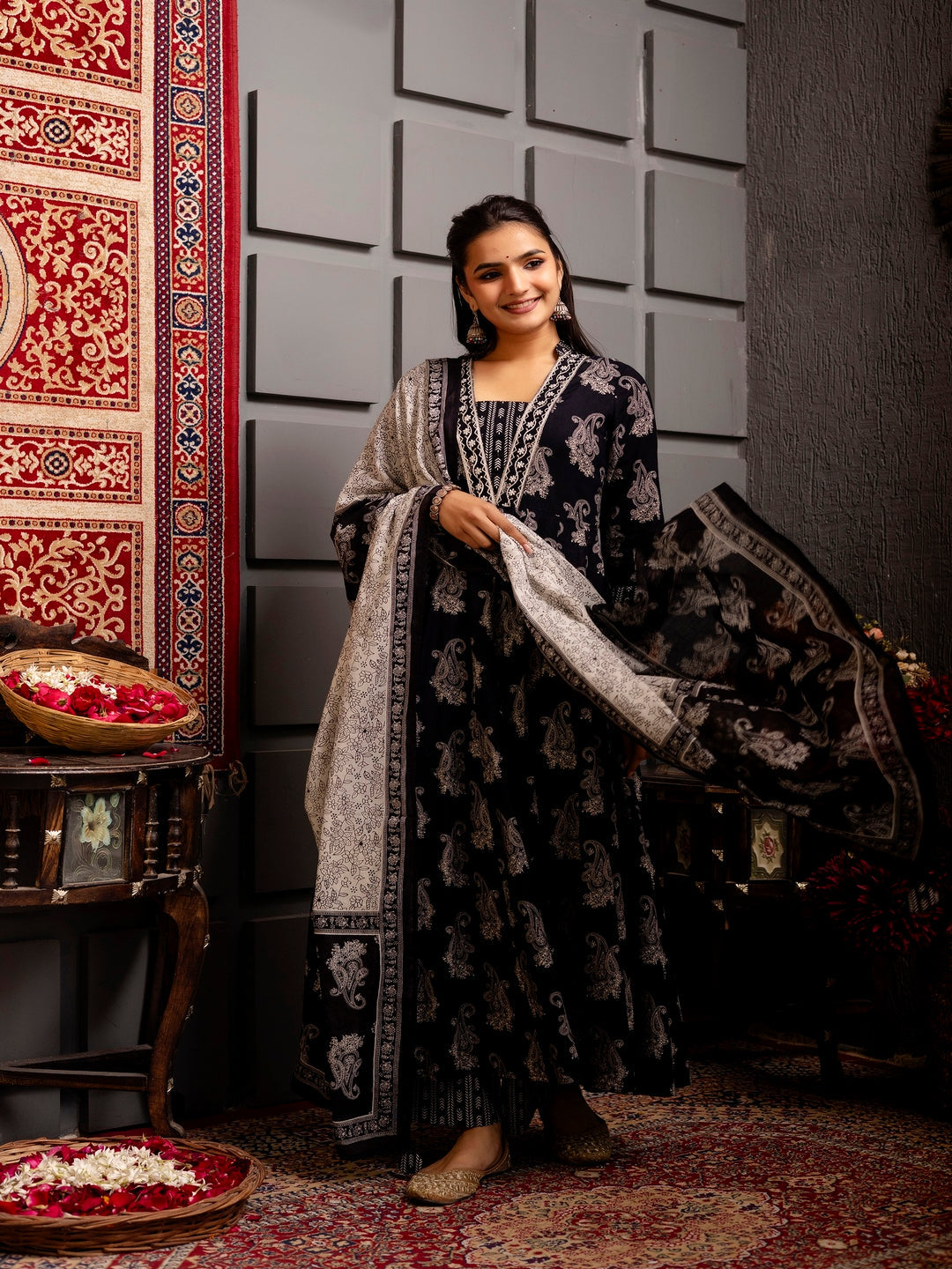 Cotton Calf Length Printed Flared 3/4 Sleeves V-Neck Kurta Bottom Dupatta Set