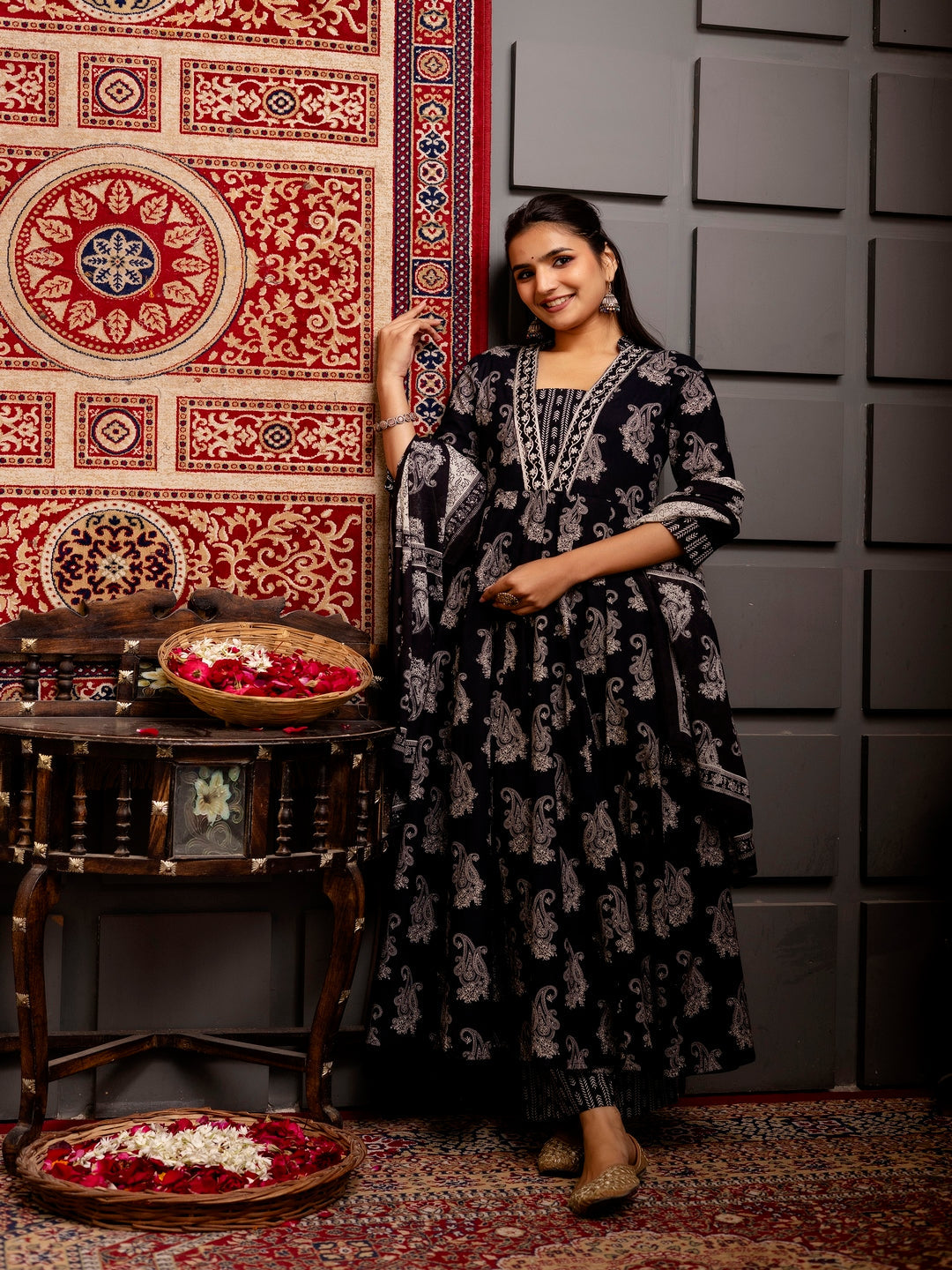 Cotton Calf Length Printed Flared 3/4 Sleeves V-Neck Kurta Bottom Dupatta Set