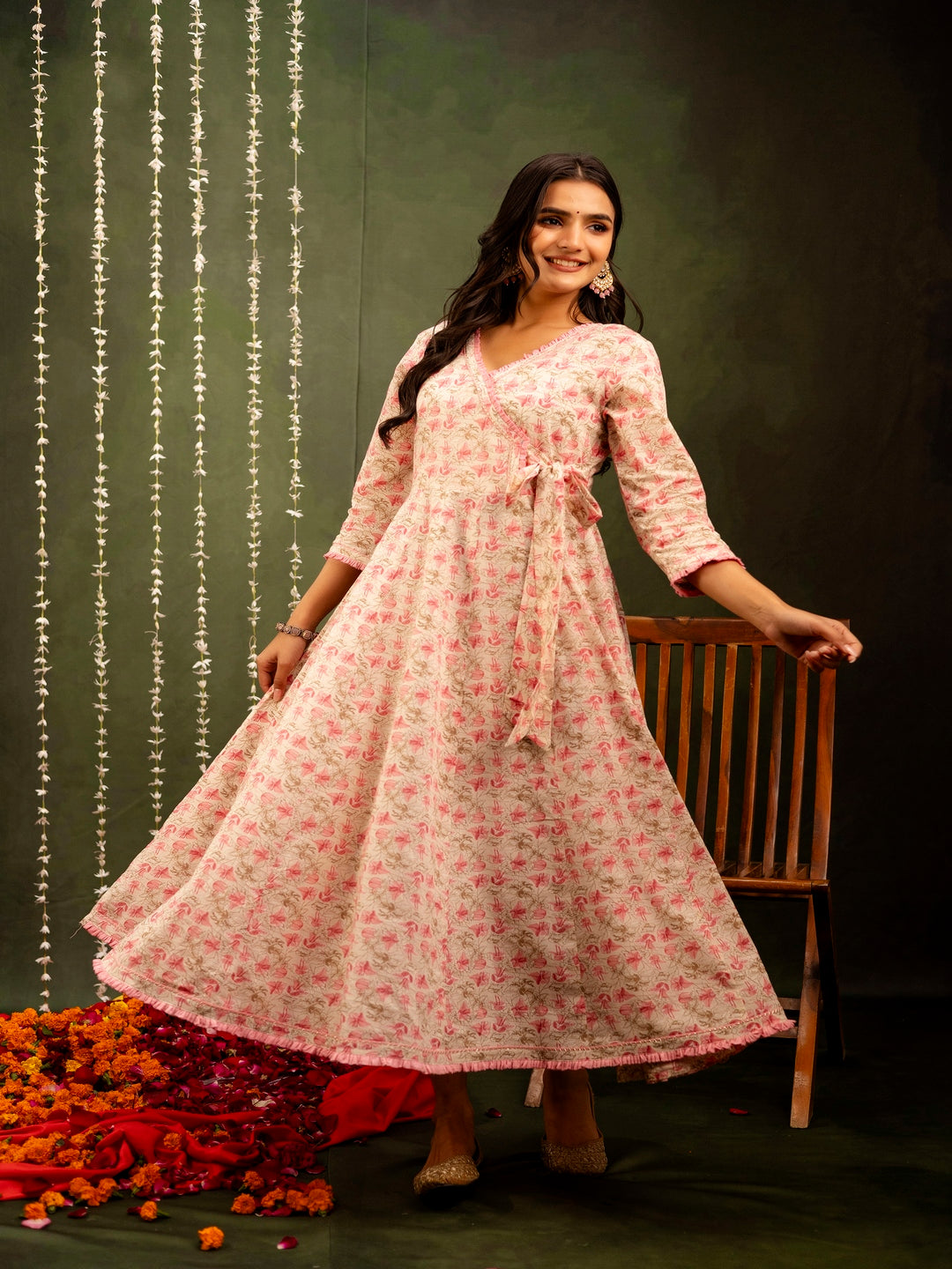 Cotton Calf Length Printed Flared 3/4 Sleeves Angrakha Kurta