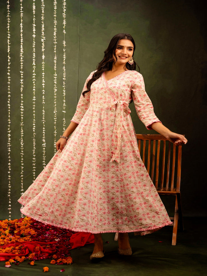 Cotton Calf Length Printed Flared 3/4 Sleeves Angrakha Kurta