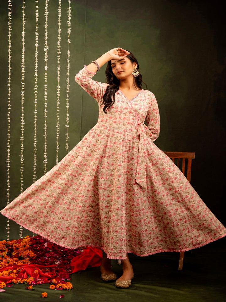 Cotton Calf Length Printed Flared 3/4 Sleeves Angrakha Kurta