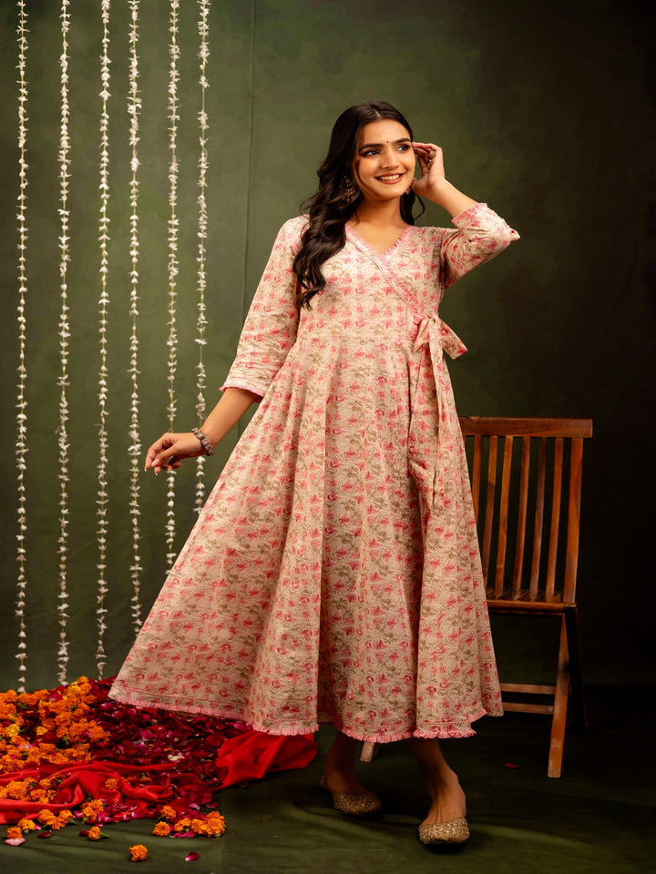 Cotton Calf Length Printed Flared 3/4 Sleeves Angrakha Kurta