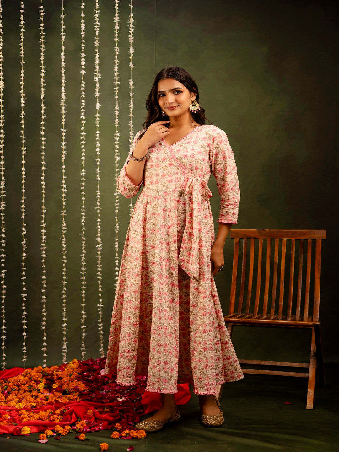 Cotton Calf Length Printed Flared 3/4 Sleeves Angrakha Kurta