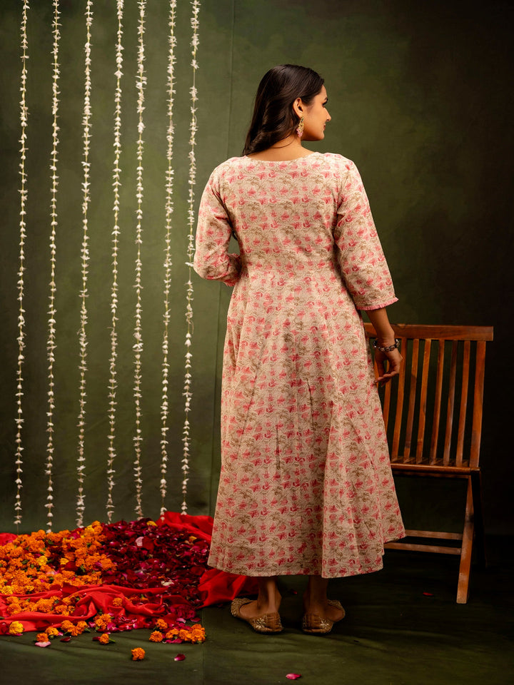 Cotton Calf Length Printed Flared 3/4 Sleeves Angrakha Kurta