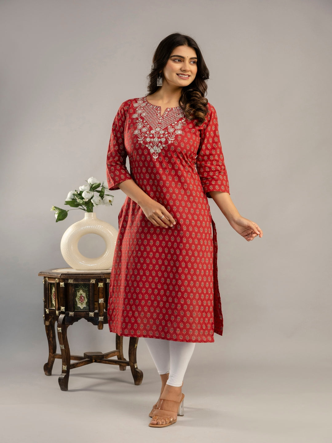 Cotton Calf Length Printed Straight 3/4 Sleeves Round Neck Kurta