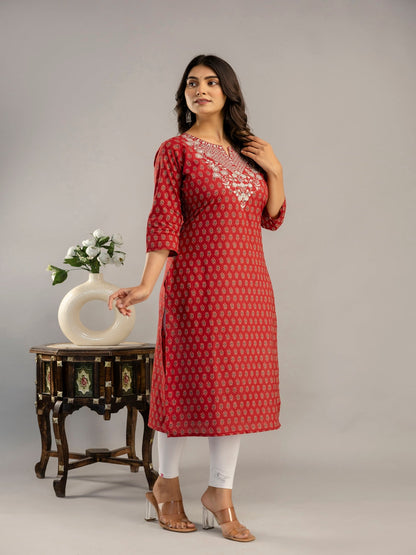Cotton Calf Length Printed Straight 3/4 Sleeves Round Neck Kurta