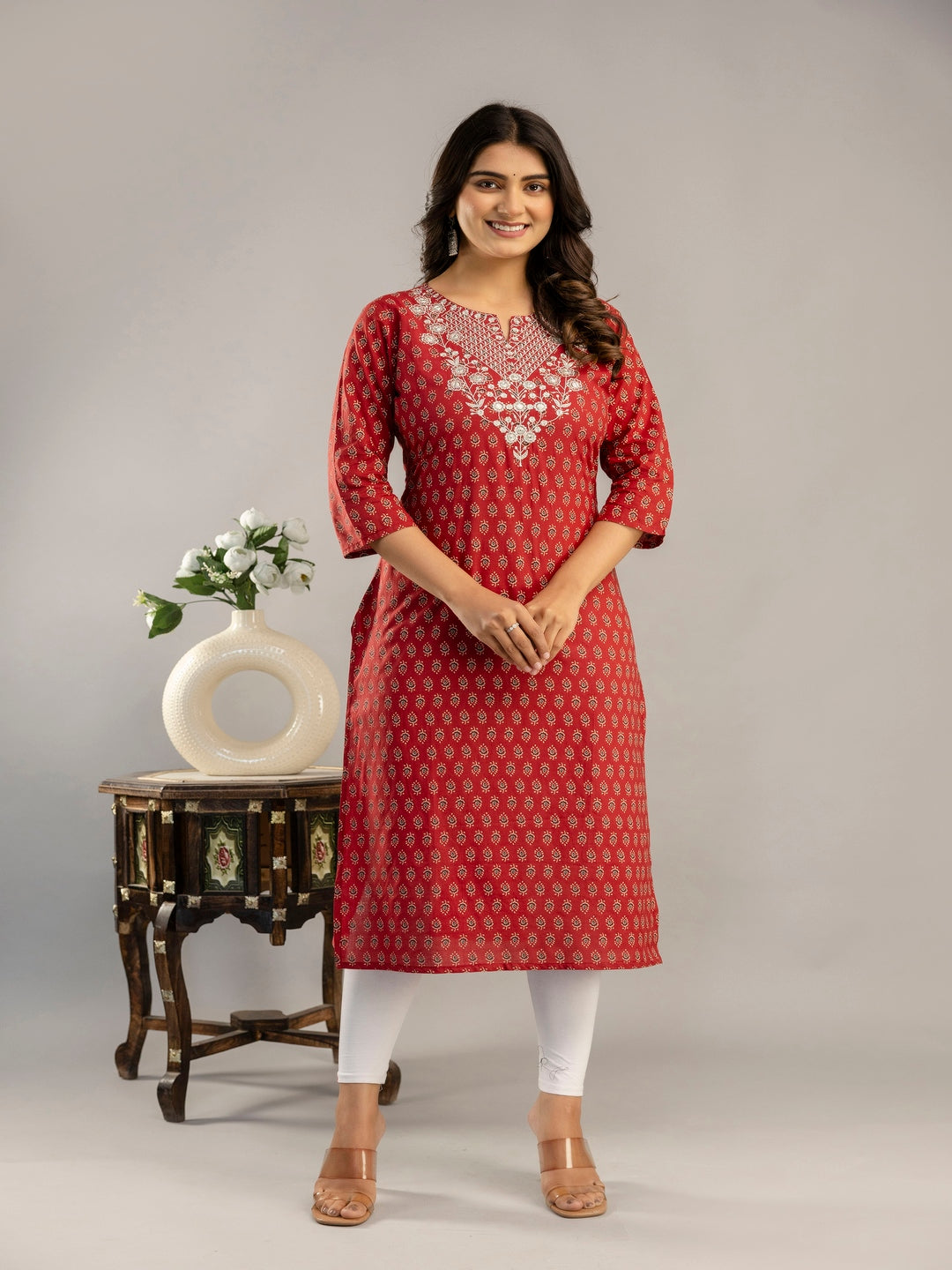 Cotton Calf Length Printed Straight 3/4 Sleeves Round Neck Kurta