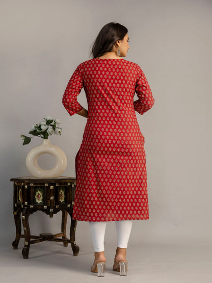 Cotton Calf Length Printed Straight 3/4 Sleeves Round Neck Kurta