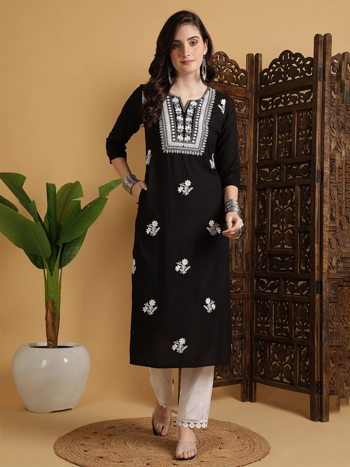 Rayon Calf Length Solid Straight 3/4 Sleeves Round Neck Kurta