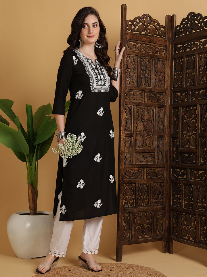 Rayon Calf Length Solid Straight 3/4 Sleeves Round Neck Kurta