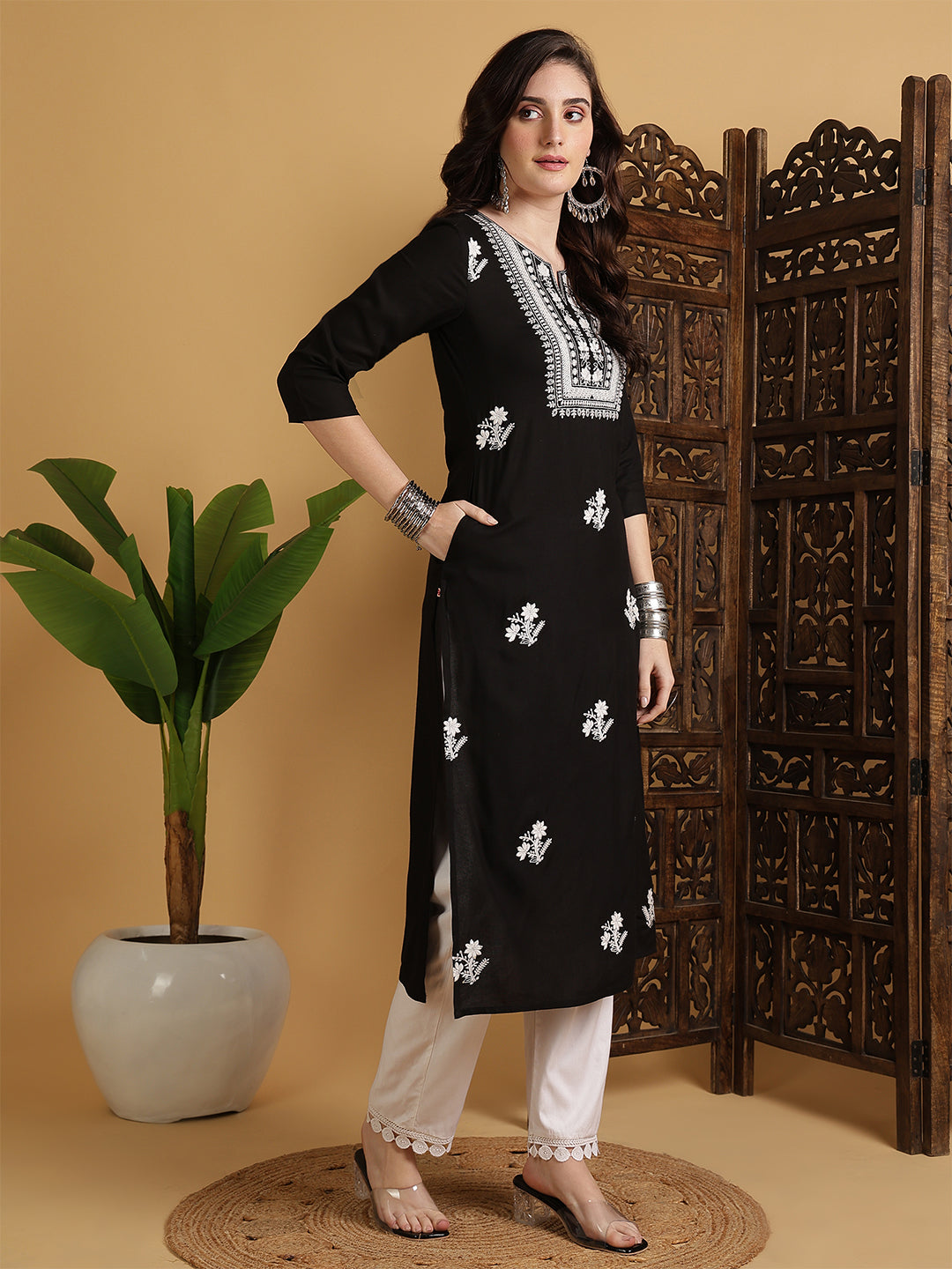 Rayon Calf Length Solid Straight 3/4 Sleeves Round Neck Kurta