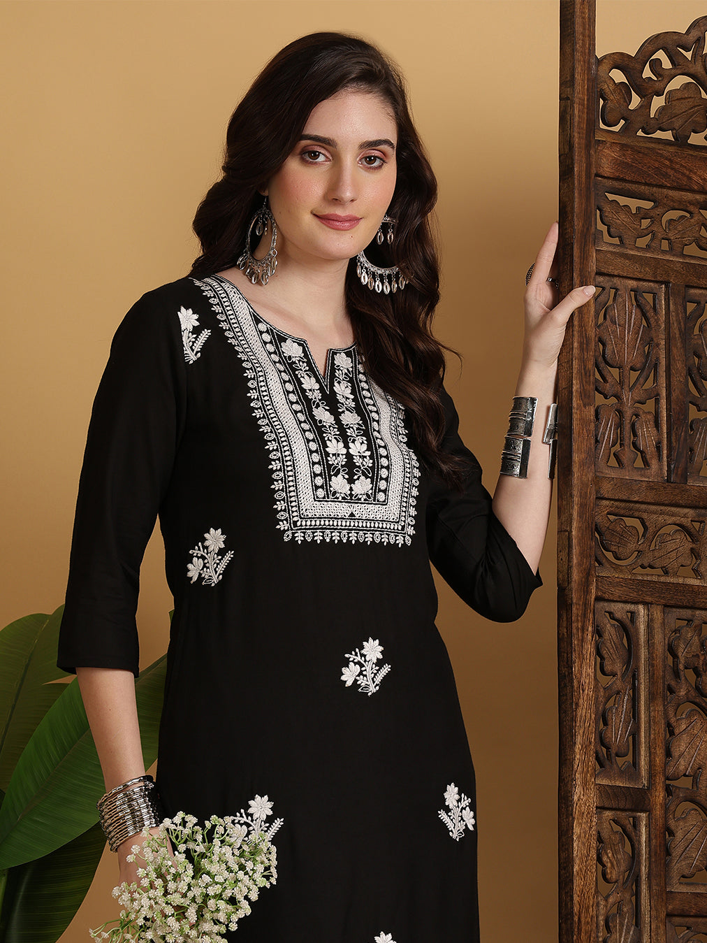 Rayon Calf Length Solid Straight 3/4 Sleeves Round Neck Kurta