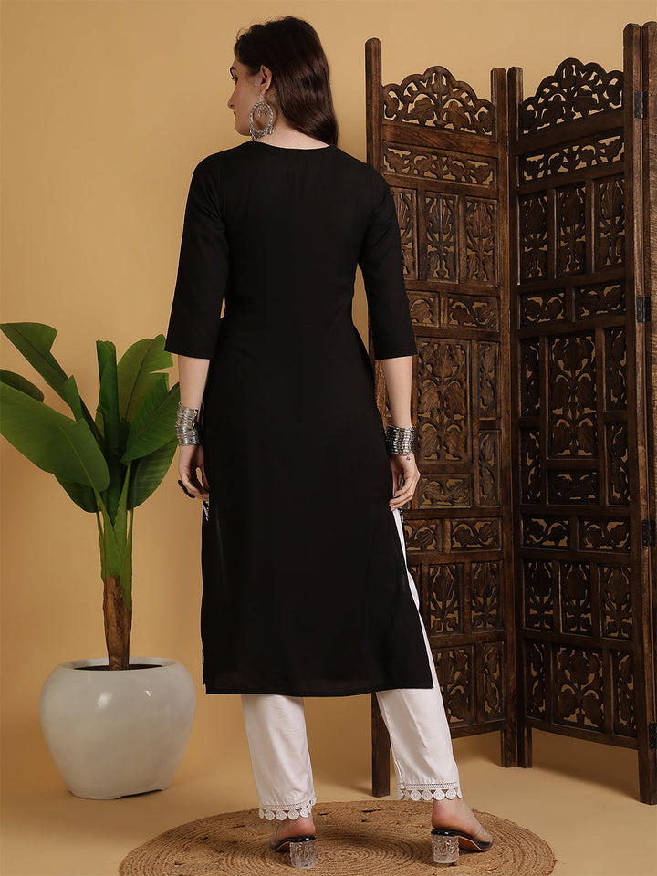 Rayon Calf Length Solid Straight 3/4 Sleeves Round Neck Kurta
