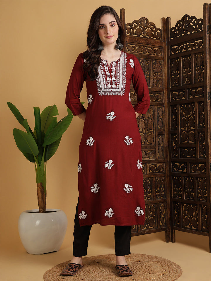 Rayon Calf Length Solid Straight 3/4 Sleeves Round Neck Kurta