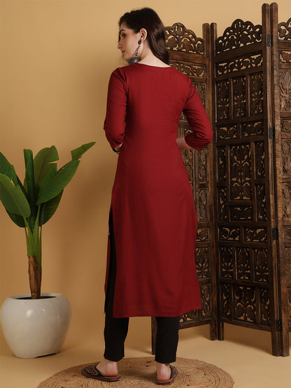 Rayon Calf Length Solid Straight 3/4 Sleeves Round Neck Kurta