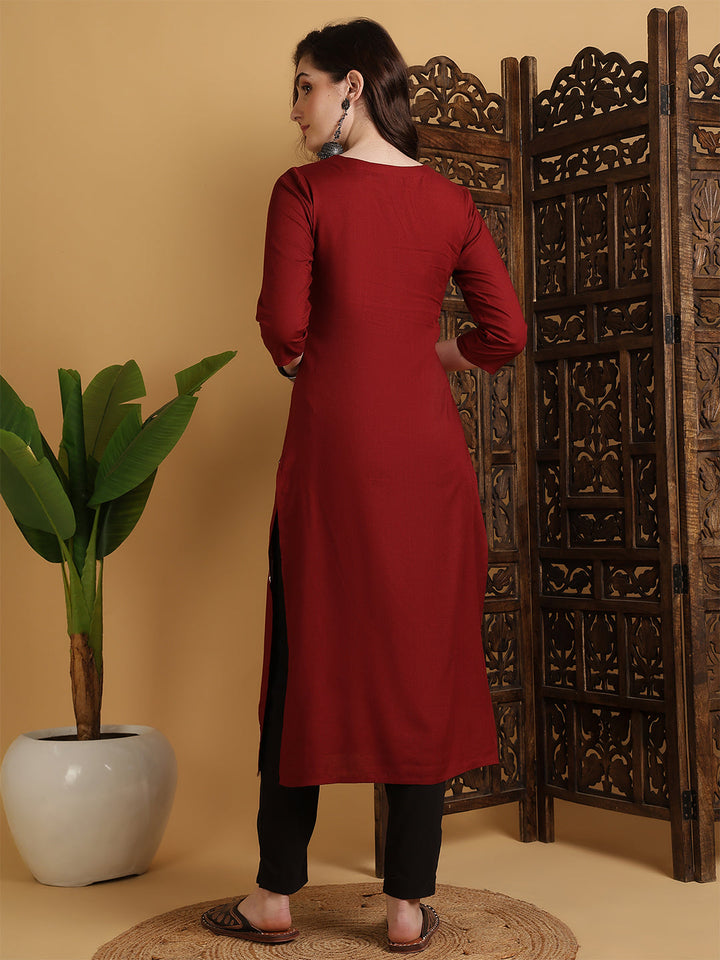 Rayon Calf Length Solid Straight 3/4 Sleeves Round Neck Kurta