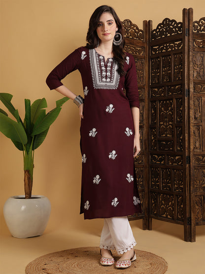 Rayon Calf Length Solid Straight 3/4 Sleeves Round Neck Kurta