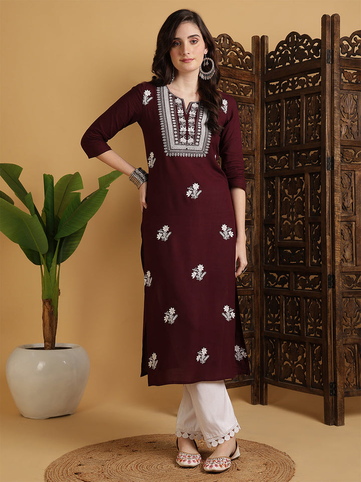 Rayon Calf Length Solid Straight 3/4 Sleeves Round Neck Kurta