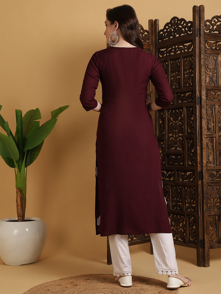 Rayon Calf Length Solid Straight 3/4 Sleeves Round Neck Kurta