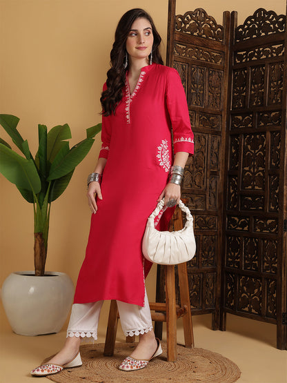 Rayon Calf Length Solid Straight 3/4 Sleeves V-Neck Kurta