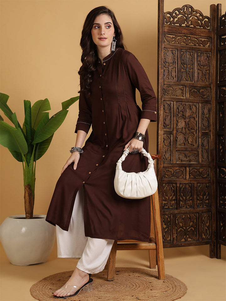 Rayon Calf Length Solid A-Line 3/4 Sleeves Mandarin Neck Kurta