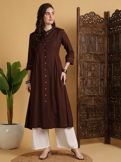 Rayon Calf Length Solid A-Line 3/4 Sleeves Mandarin Neck Kurta
