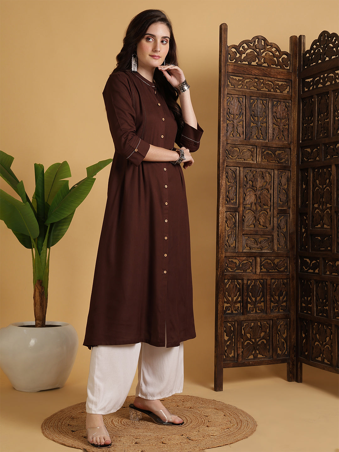 Rayon Calf Length Solid A-Line 3/4 Sleeves Mandarin Neck Kurta