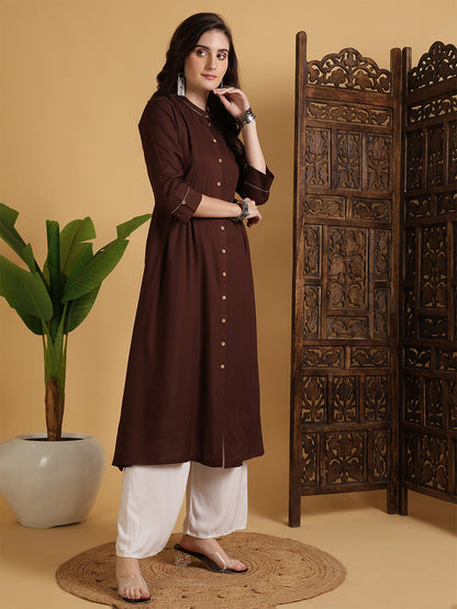 Rayon Calf Length Solid A-Line 3/4 Sleeves Mandarin Neck Kurta