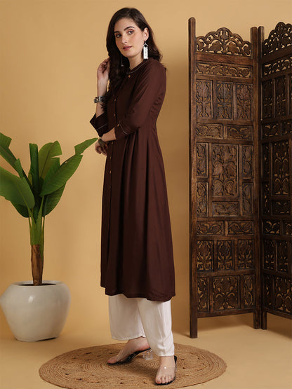 Rayon Calf Length Solid A-Line 3/4 Sleeves Mandarin Neck Kurta