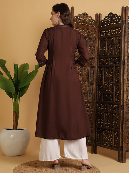 Rayon Calf Length Solid A-Line 3/4 Sleeves Mandarin Neck Kurta