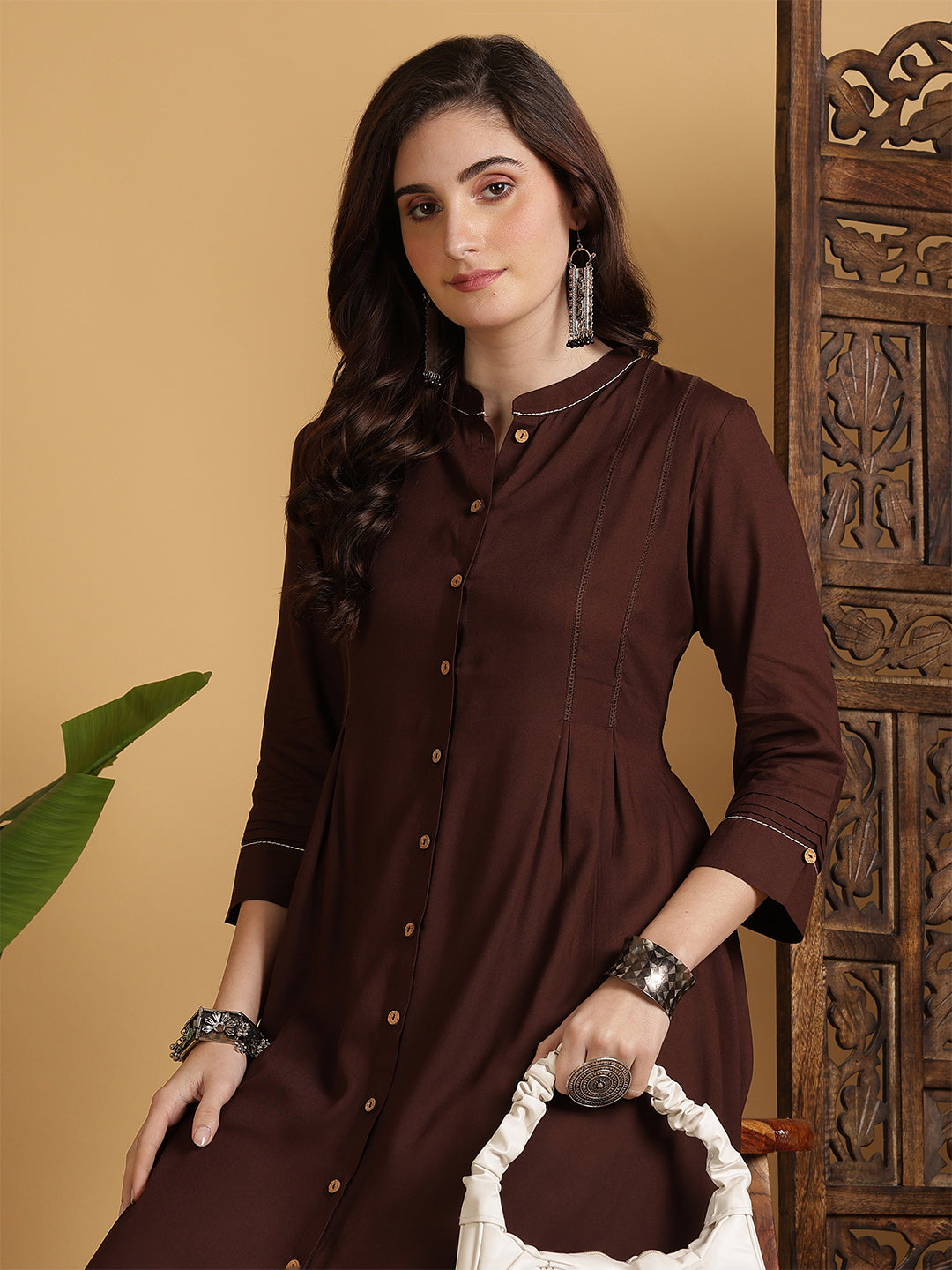 Rayon Calf Length Solid A-Line 3/4 Sleeves Mandarin Neck Kurta
