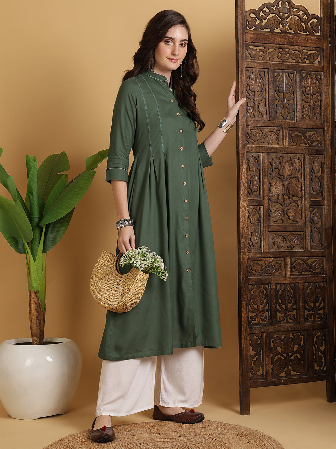 Rayon Calf Length Solid A-Line 3/4 Sleeves Mandarin Neck Kurta