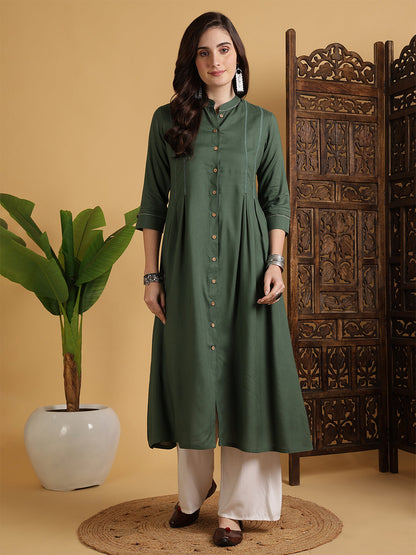 Rayon Calf Length Solid A-Line 3/4 Sleeves Mandarin Neck Kurta