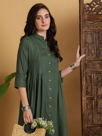 Rayon Calf Length Solid A-Line 3/4 Sleeves Mandarin Neck Kurta