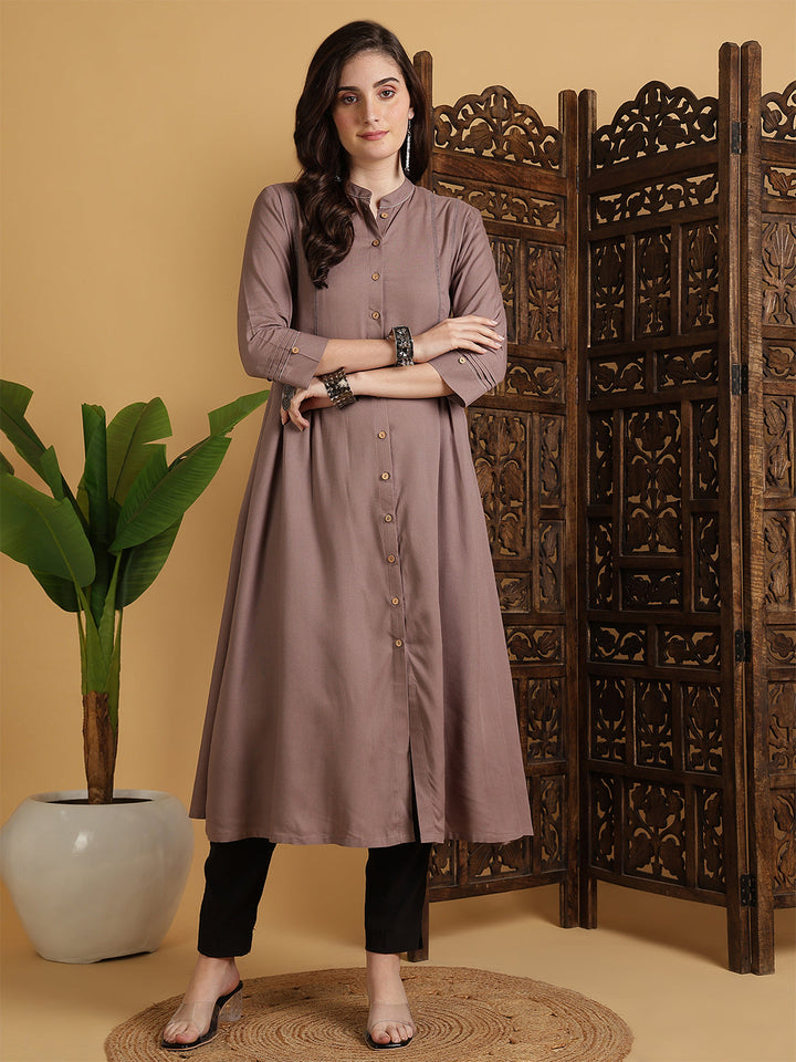 Rayon Calf Length Solid A-Line 3/4 Sleeves Mandarin Neck Kurta