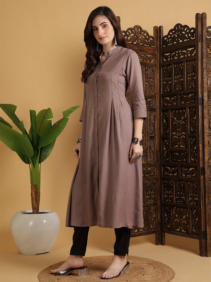 Rayon Calf Length Solid A-Line 3/4 Sleeves Mandarin Neck Kurta