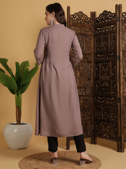 Rayon Calf Length Solid A-Line 3/4 Sleeves Mandarin Neck Kurta