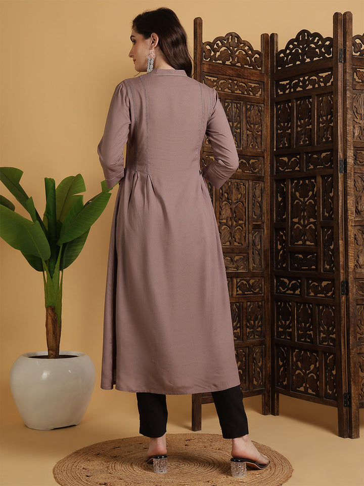Rayon Calf Length Solid A-Line 3/4 Sleeves Mandarin Neck Kurta