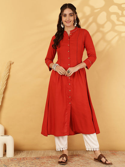 Rayon Calf Length Solid A-Line 3/4 Sleeves Mandarin Neck Kurta