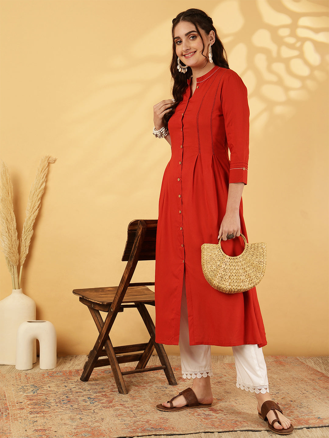 Rayon Calf Length Solid A-Line 3/4 Sleeves Mandarin Neck Kurta