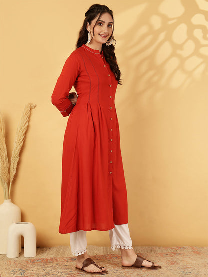 Rayon Calf Length Solid A-Line 3/4 Sleeves Mandarin Neck Kurta