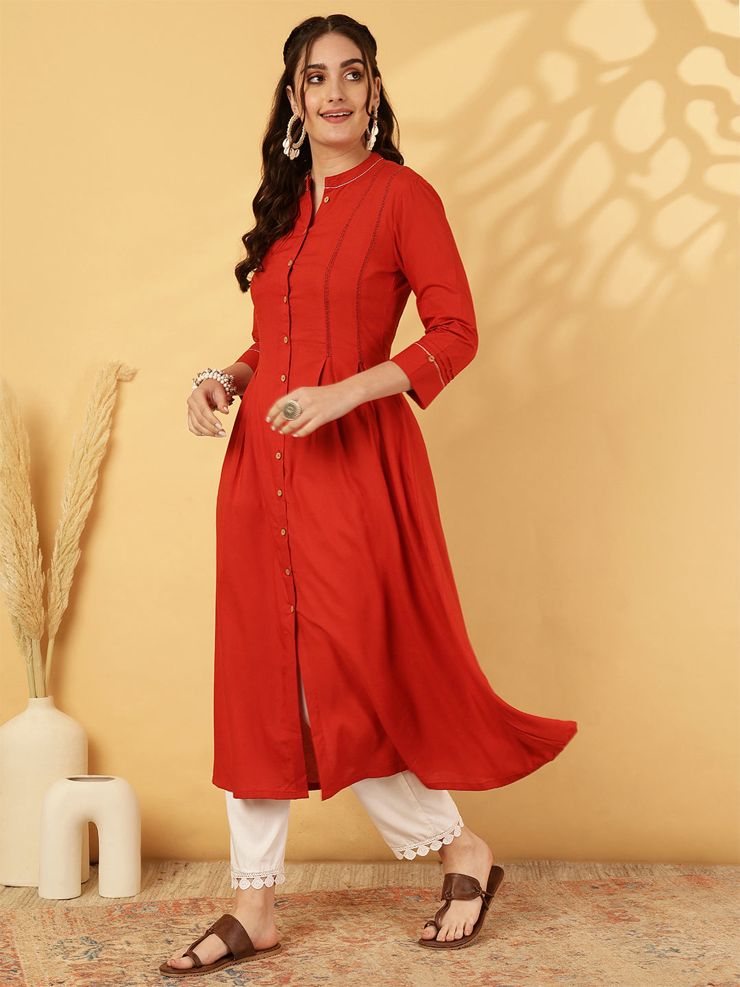 Rayon Calf Length Solid A-Line 3/4 Sleeves Mandarin Neck Kurta