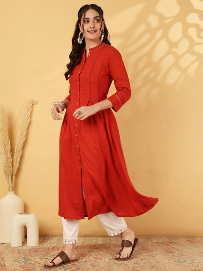 Rayon Calf Length Solid A-Line 3/4 Sleeves Mandarin Neck Kurta