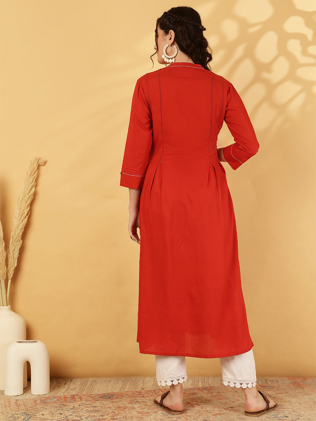Rayon Calf Length Solid A-Line 3/4 Sleeves Mandarin Neck Kurta