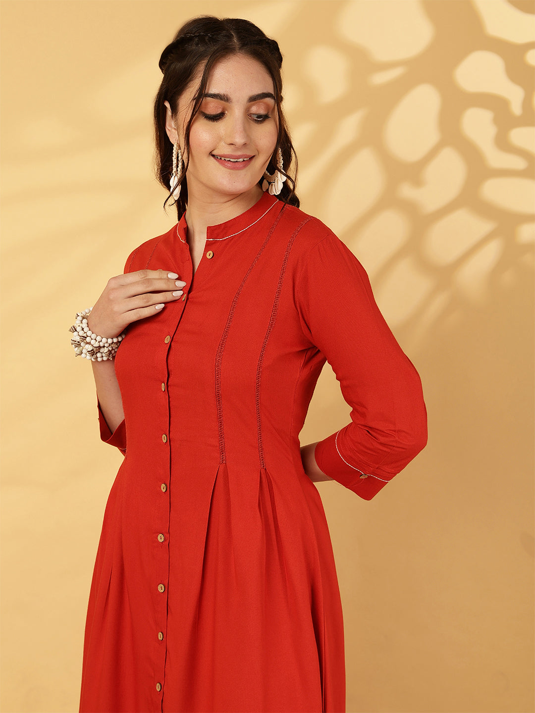 Rayon Calf Length Solid A-Line 3/4 Sleeves Mandarin Neck Kurta