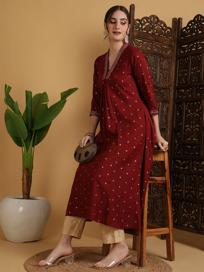 Rayon Calf Length Solid Semi-Flared 3/4 Sleeves V-Neck Kurta