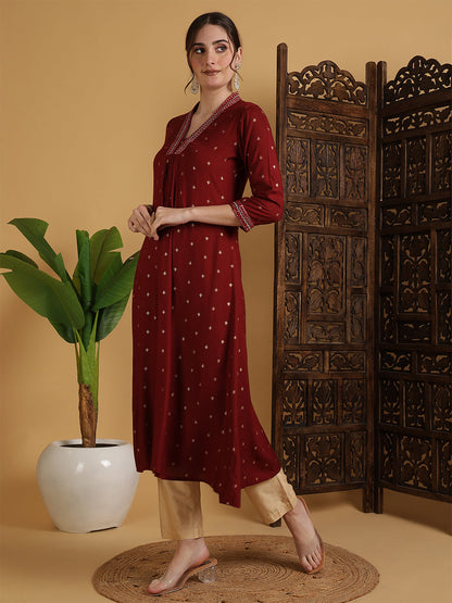 Rayon Calf Length Solid Semi-Flared 3/4 Sleeves V-Neck Kurta