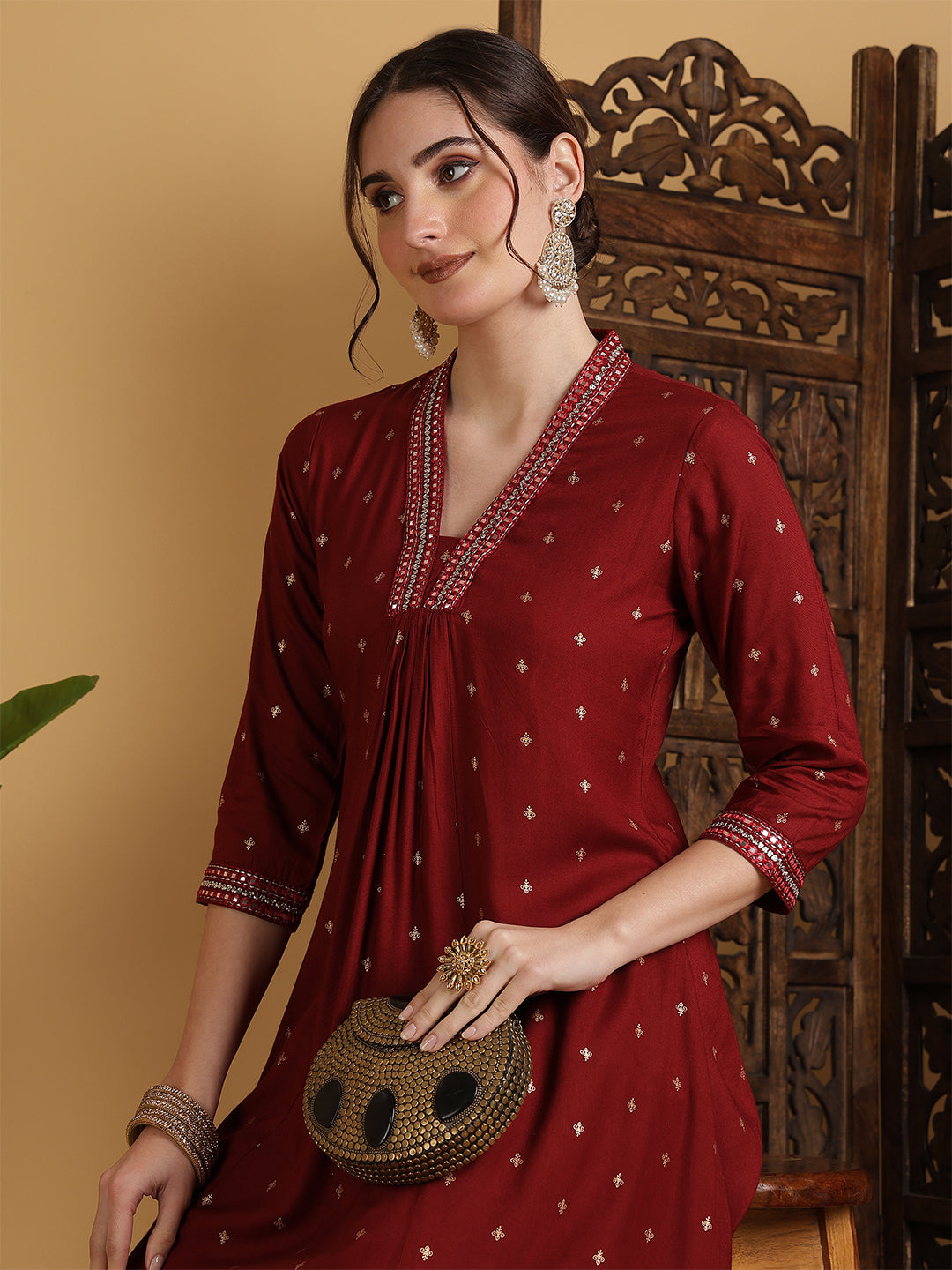 Rayon Calf Length Solid Semi-Flared 3/4 Sleeves V-Neck Kurta