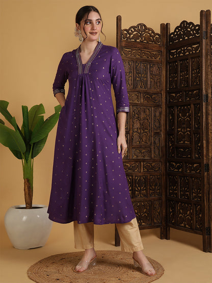Rayon Calf Length Solid Semi-Flared 3/4 Sleeves V-Neck Kurta