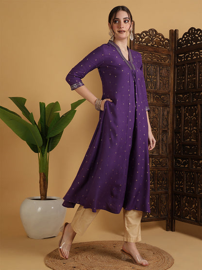 Rayon Calf Length Solid Semi-Flared 3/4 Sleeves V-Neck Kurta